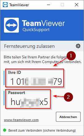 Anzeige von <strong>ID</strong> und <strong>Passwort</strong> in Teamviewer